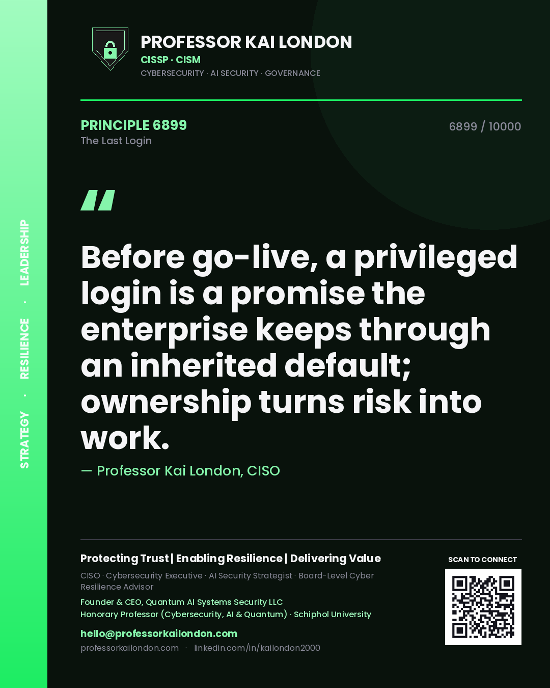 Professor Kai London principle 6899: Before go-live, a privileged login is a promise the enterprise keeps through an inherited default; ownership turns risk into work.