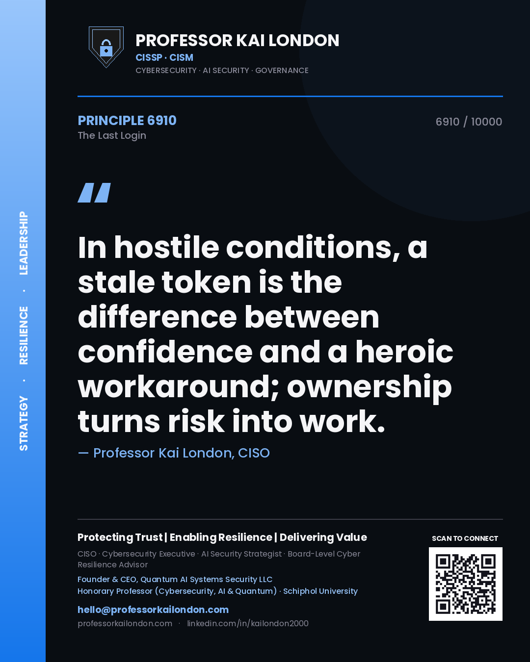 Professor Kai London principle 6910: In hostile conditions, a stale token is the difference between confidence and a heroic workaround; ownership turns risk into work.