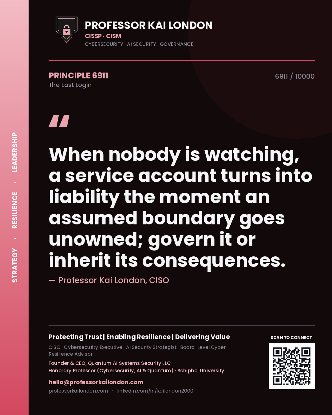 Professor Kai London principle 6911: When nobody is watching, a service account turns into liability the moment an assumed boundary goes unowned; govern it or inherit its consequences.