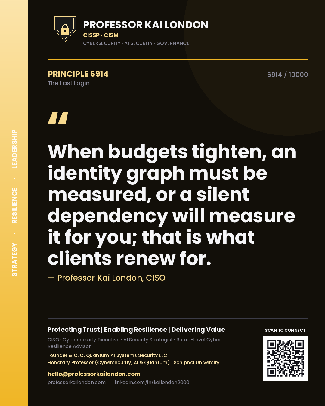 Professor Kai London principle 6914: When budgets tighten, an identity graph must be measured, or a silent dependency will measure it for you; that is what clients renew for.