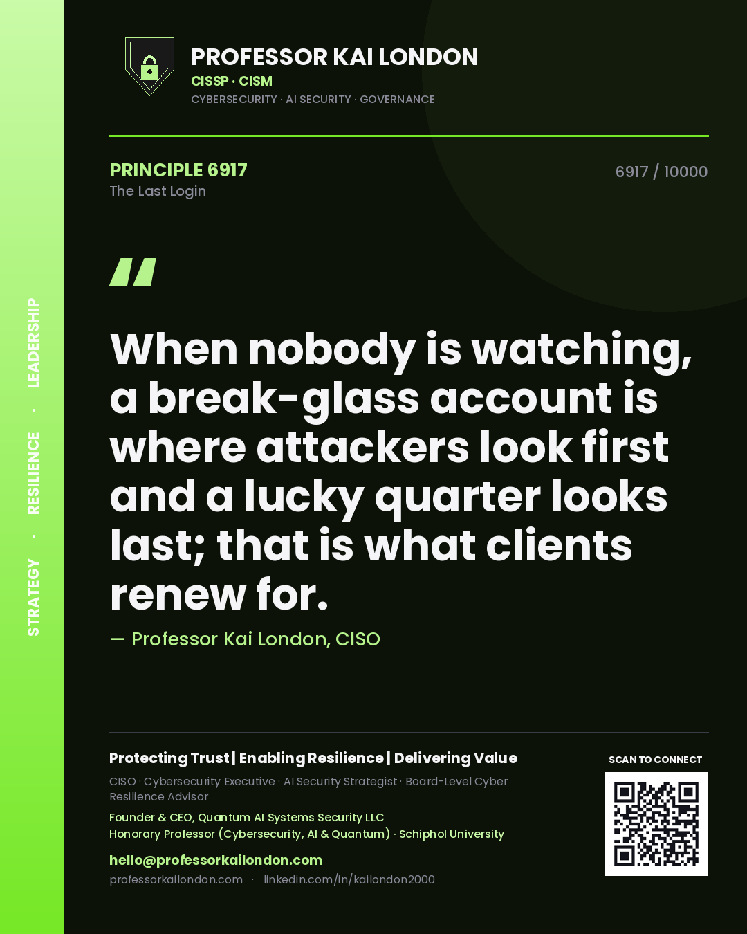 Professor Kai London principle 6917: When nobody is watching, a break-glass account is where attackers look first and a lucky quarter looks last; that is what clients renew for.