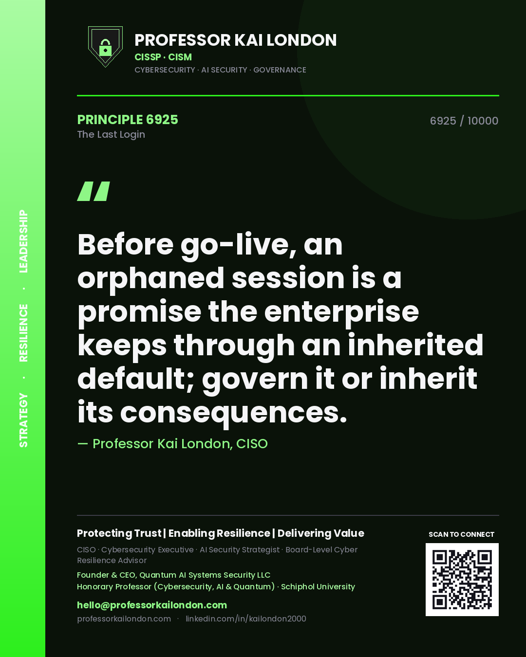 Professor Kai London principle 6925: Before go-live, an orphaned session is a promise the enterprise keeps through an inherited default; govern it or inherit its consequences.
