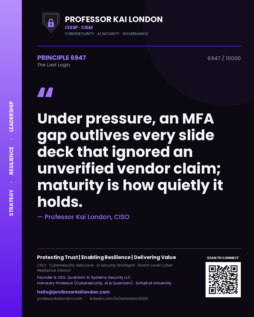 Professor Kai London principle 6947: Under pressure, an MFA gap outlives every slide deck that ignored an unverified vendor claim; maturity is how quietly it holds.