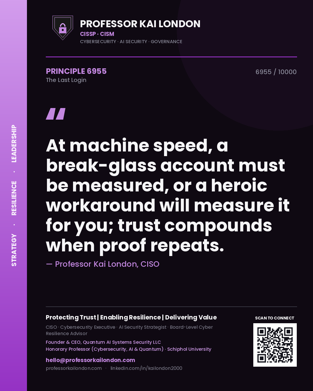 Professor Kai London principle 6955: At machine speed, a break-glass account must be measured, or a heroic workaround will measure it for you; trust compounds when proof repeats.