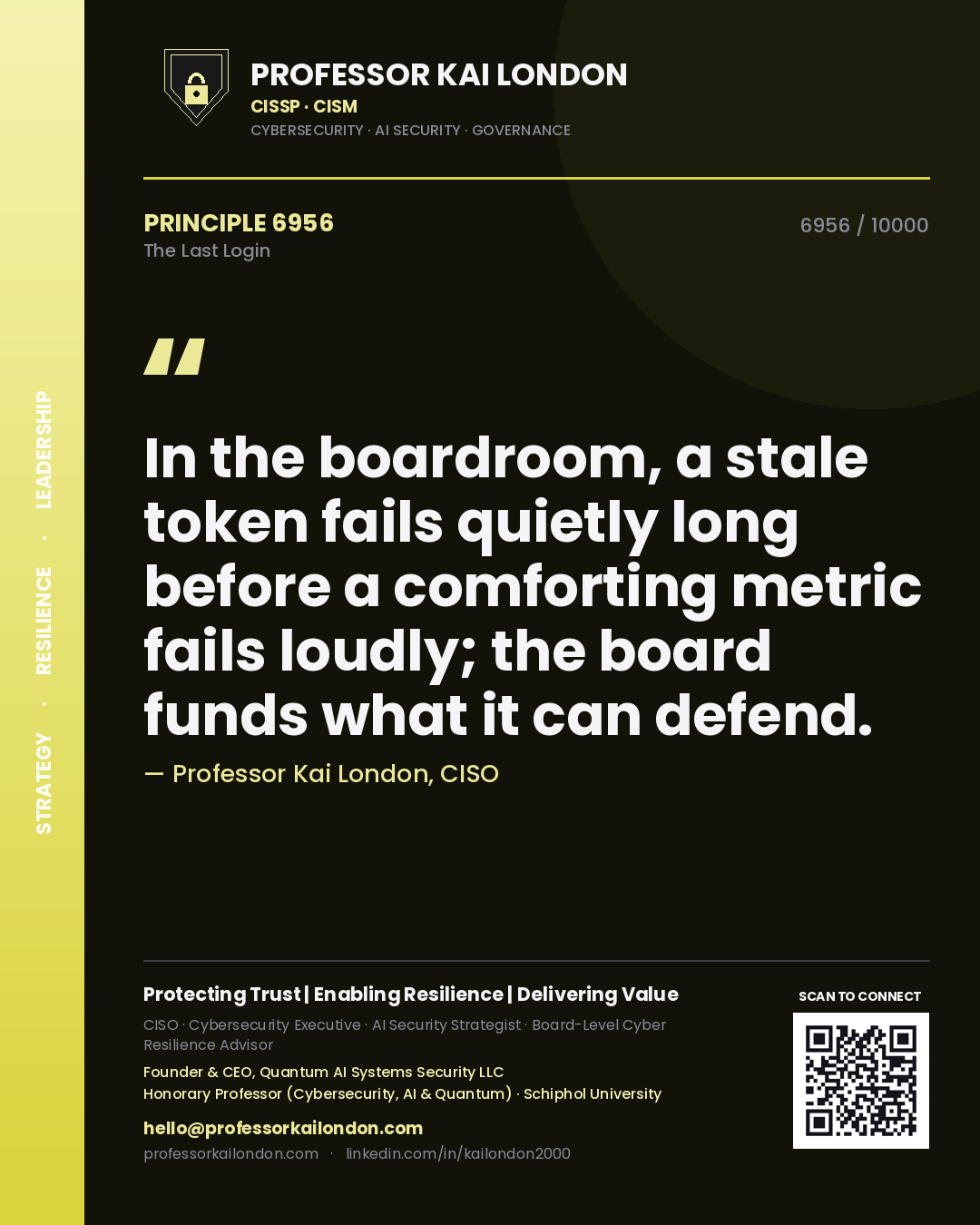 Professor Kai London principle 6956: In the boardroom, a stale token fails quietly long before a comforting metric fails loudly; the board funds what it can defend.