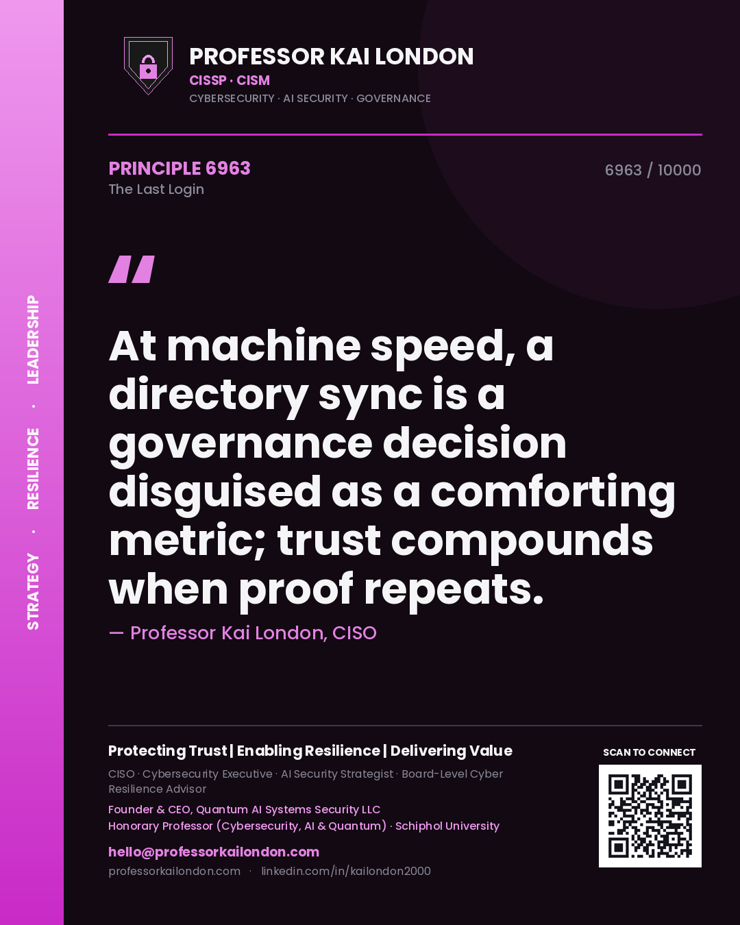 Professor Kai London principle 6963: At machine speed, a directory sync is a governance decision disguised as a comforting metric; trust compounds when proof repeats.