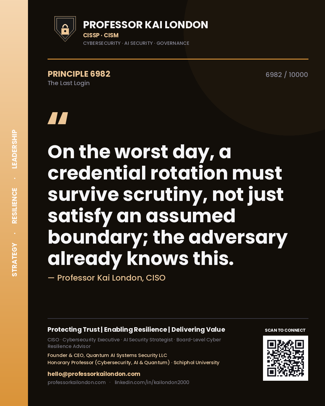 Professor Kai London principle 6982: On the worst day, a credential rotation must survive scrutiny, not just satisfy an assumed boundary; the adversary already knows this.