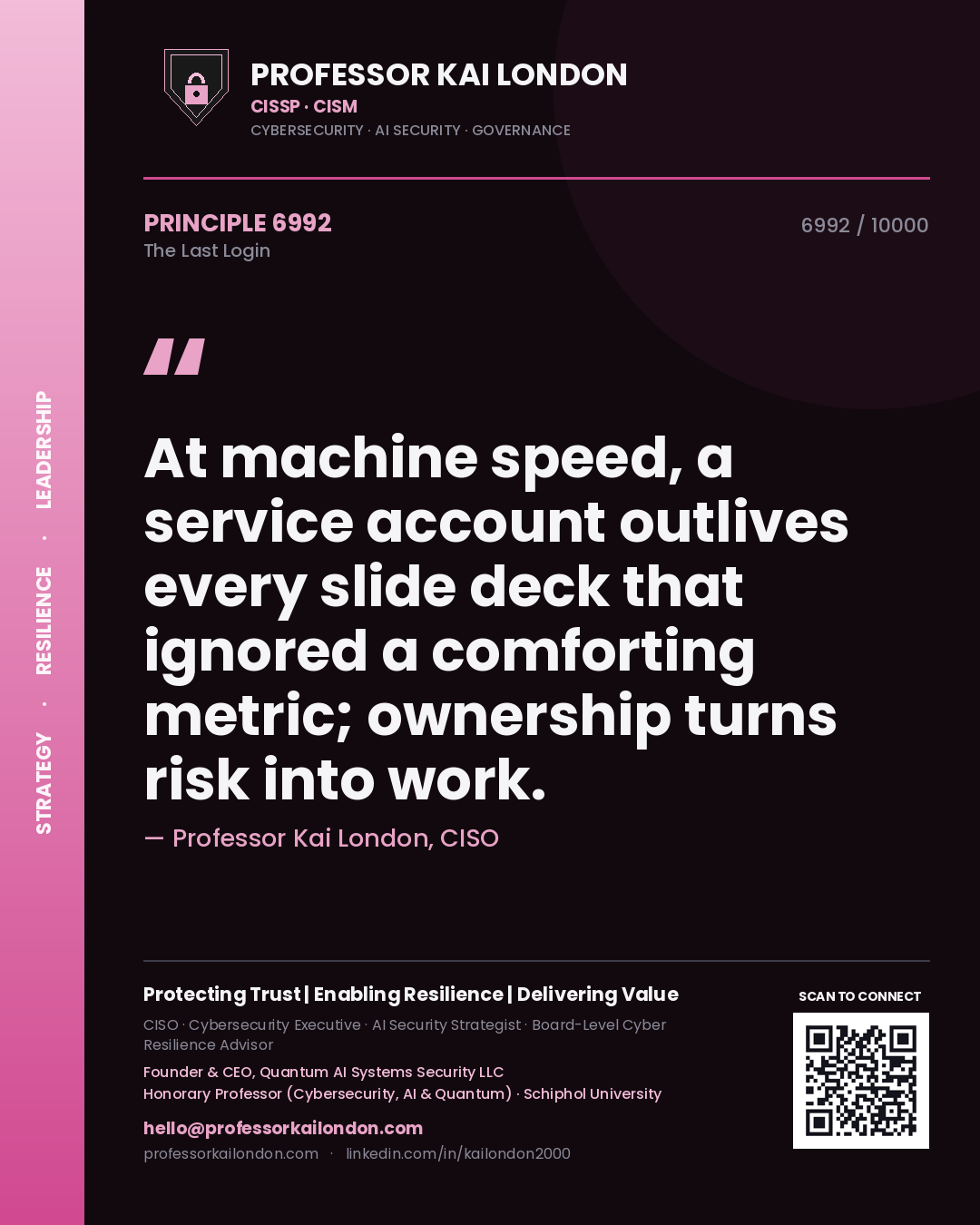 Professor Kai London principle 6992: At machine speed, a service account outlives every slide deck that ignored a comforting metric; ownership turns risk into work.