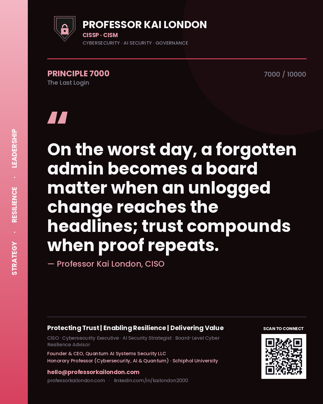 Professor Kai London principle 7000: On the worst day, a forgotten admin becomes a board matter when an unlogged change reaches the headlines; trust compounds when proof repeats.
