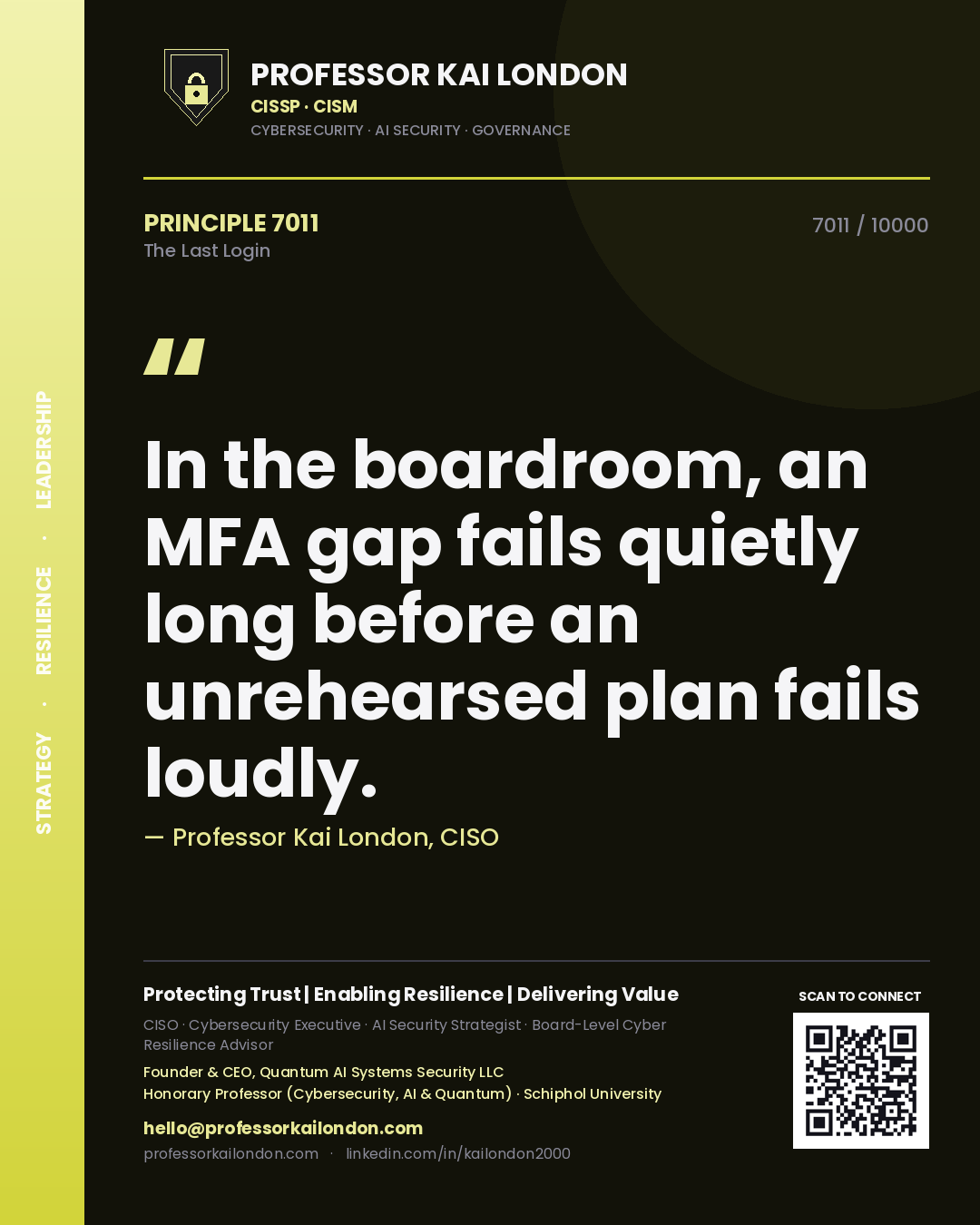 Professor Kai London principle 7011: In the boardroom, an MFA gap fails quietly long before an unrehearsed plan fails loudly.