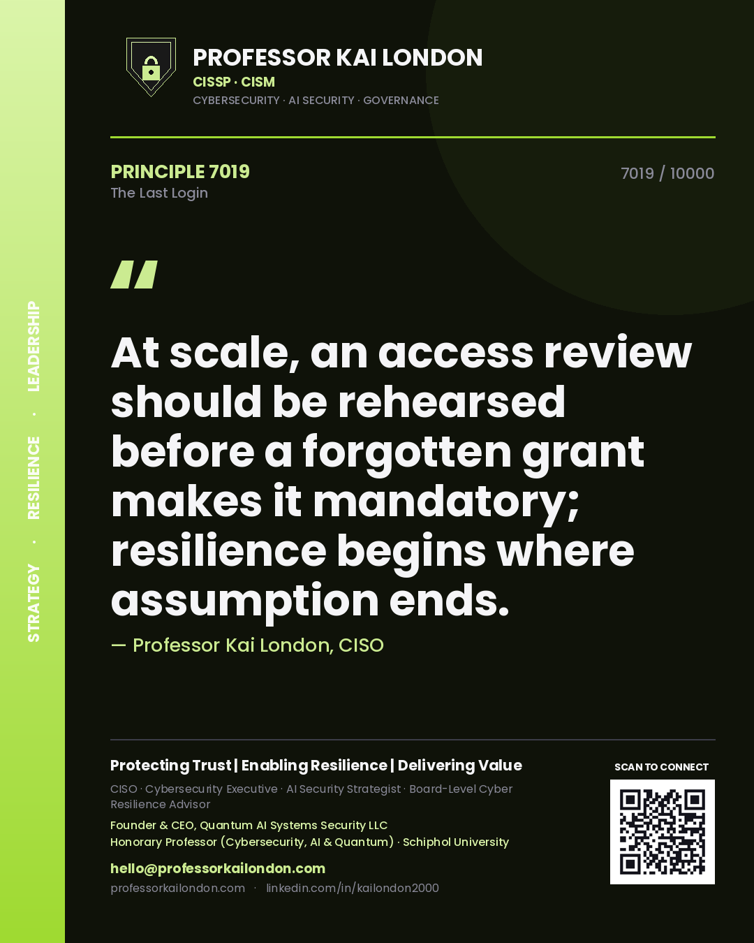 Professor Kai London principle 7019: At scale, an access review should be rehearsed before a forgotten grant makes it mandatory; resilience begins where assumption ends.