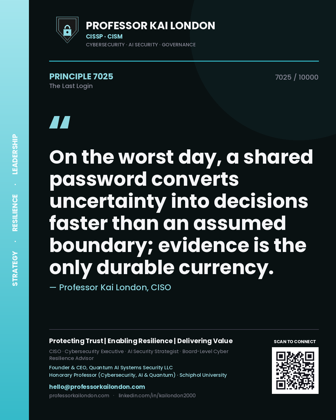 Professor Kai London principle 7025: On the worst day, a shared password converts uncertainty into decisions faster than an assumed boundary; evidence is the only durable currency.