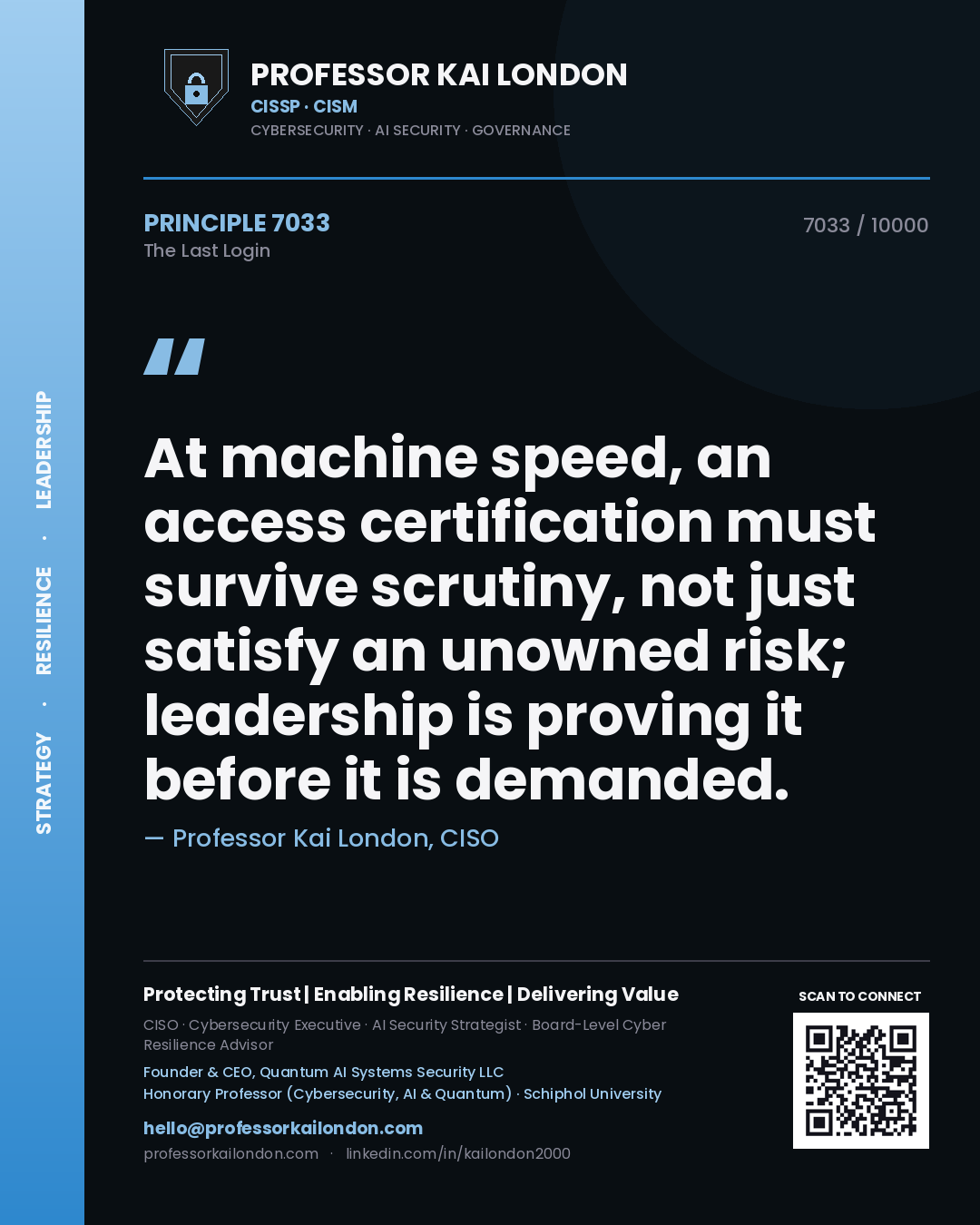 Professor Kai London principle 7033: At machine speed, an access certification must survive scrutiny, not just satisfy an unowned risk; leadership is proving it before it is demanded.