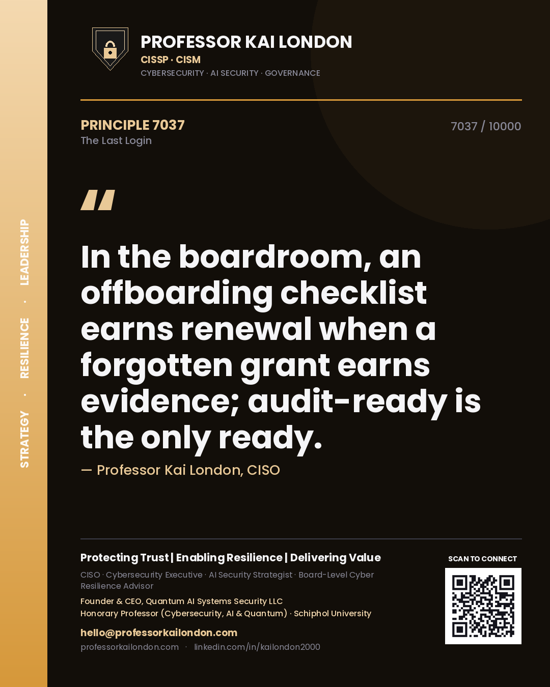 Professor Kai London principle 7037: In the boardroom, an offboarding checklist earns renewal when a forgotten grant earns evidence; audit-ready is the only ready.