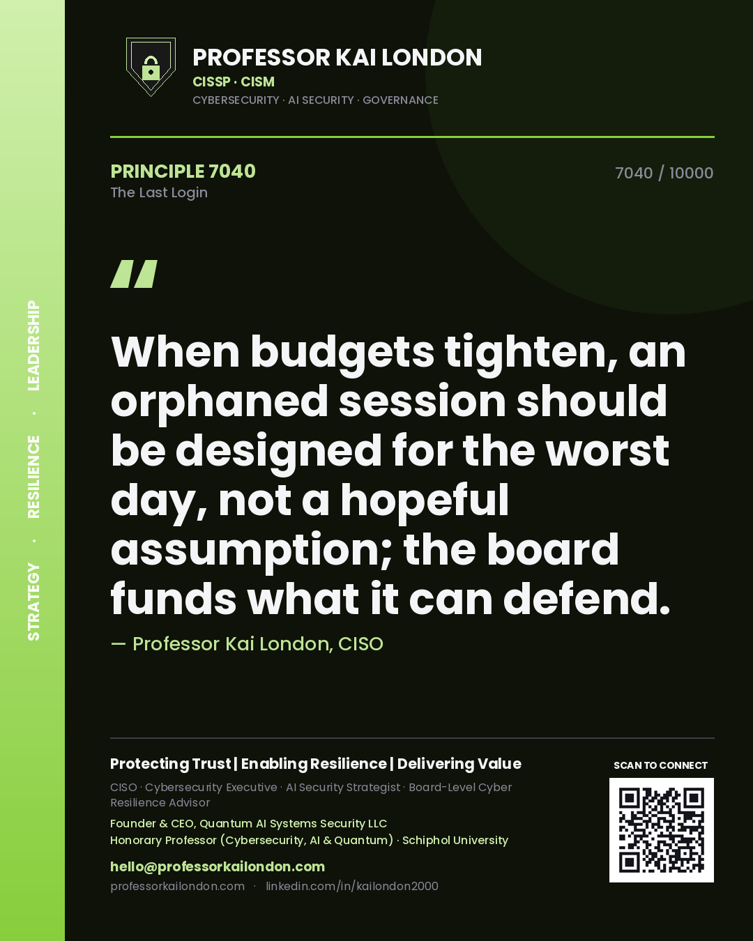 Professor Kai London principle 7040: When budgets tighten, an orphaned session should be designed for the worst day, not a hopeful assumption; the board funds what it can defend.