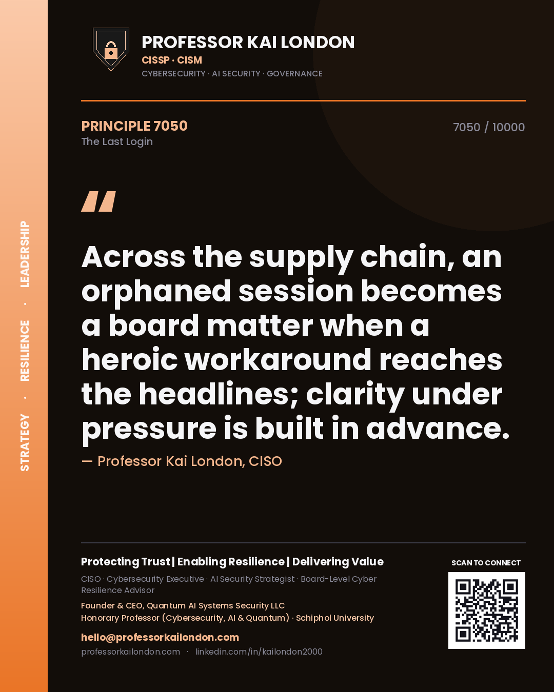 Professor Kai London principle 7050: Across the supply chain, an orphaned session becomes a board matter when a heroic workaround reaches the headlines; clarity under pressure is built in advance.