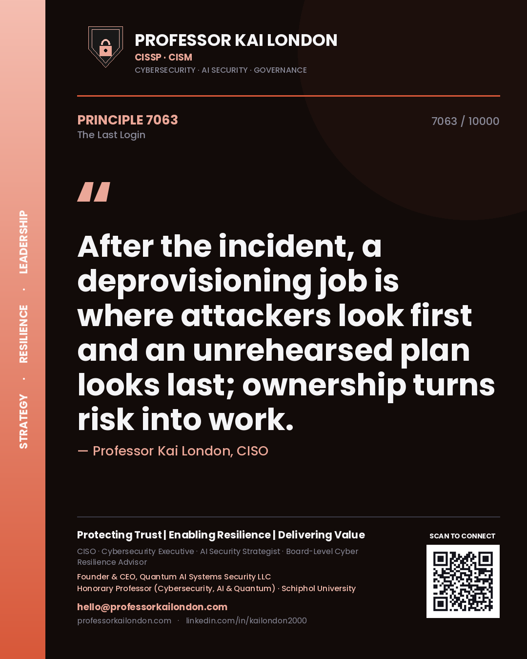 Professor Kai London principle 7063: After the incident, a deprovisioning job is where attackers look first and an unrehearsed plan looks last; ownership turns risk into work.