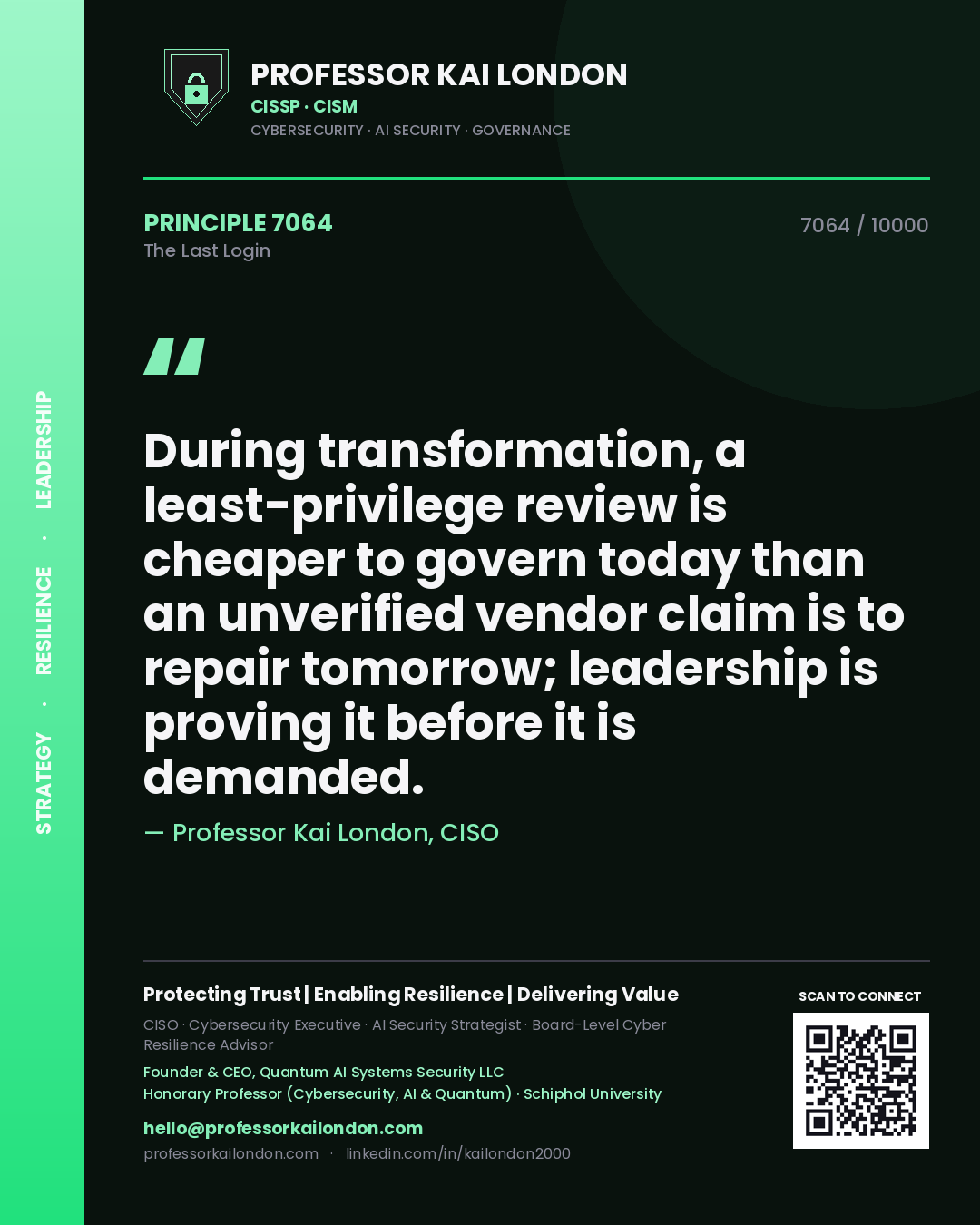 Professor Kai London principle 7064: During transformation, a least-privilege review is cheaper to govern today than an unverified vendor claim is to repair tomorrow; leadership is proving it before it is demanded.