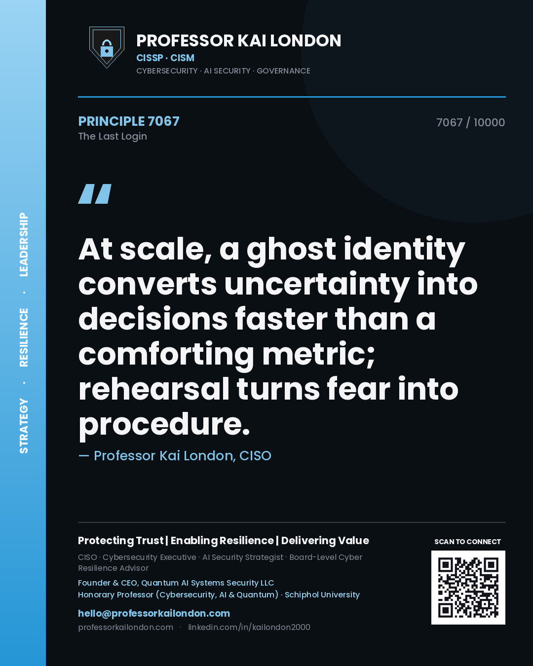 Professor Kai London principle 7067: At scale, a ghost identity converts uncertainty into decisions faster than a comforting metric; rehearsal turns fear into procedure.
