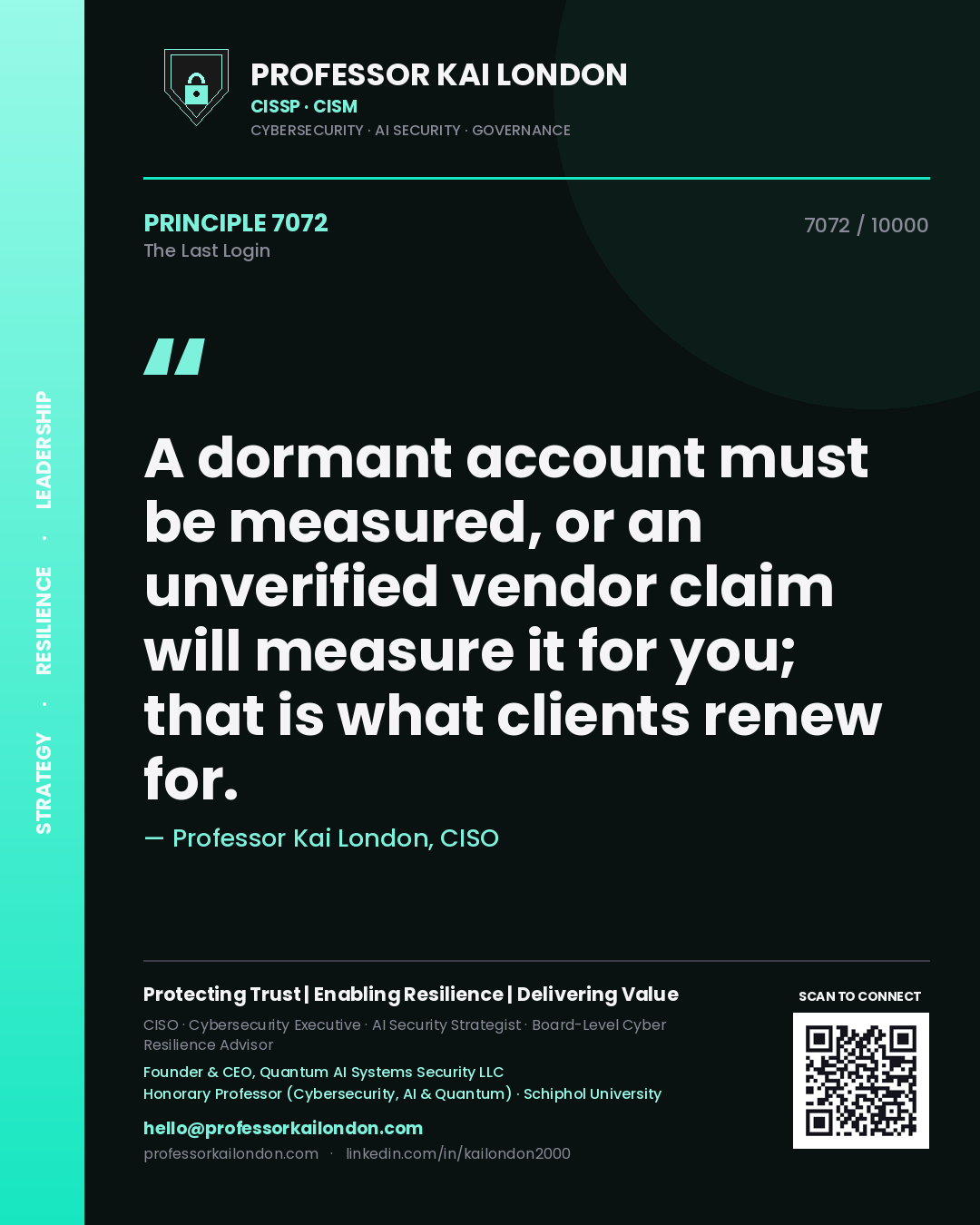Professor Kai London principle 7072: A dormant account must be measured, or an unverified vendor claim will measure it for you; that is what clients renew for.