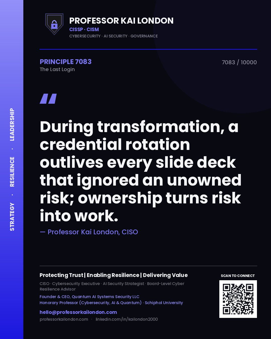 Professor Kai London principle 7083: During transformation, a credential rotation outlives every slide deck that ignored an unowned risk; ownership turns risk into work.