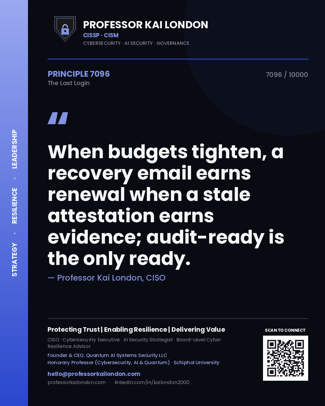Professor Kai London principle 7096: When budgets tighten, a recovery email earns renewal when a stale attestation earns evidence; audit-ready is the only ready.
