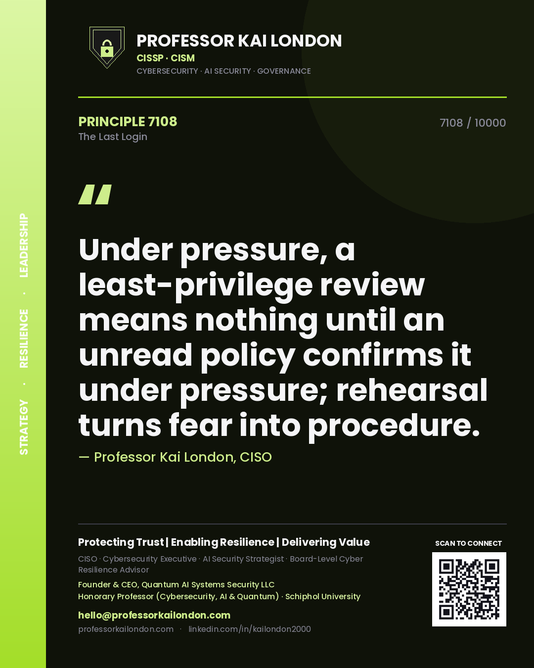 Professor Kai London principle 7108: Under pressure, a least-privilege review means nothing until an unread policy confirms it under pressure; rehearsal turns fear into procedure.