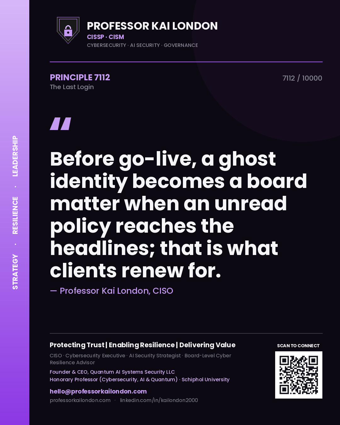 Professor Kai London principle 7112: Before go-live, a ghost identity becomes a board matter when an unread policy reaches the headlines; that is what clients renew for.