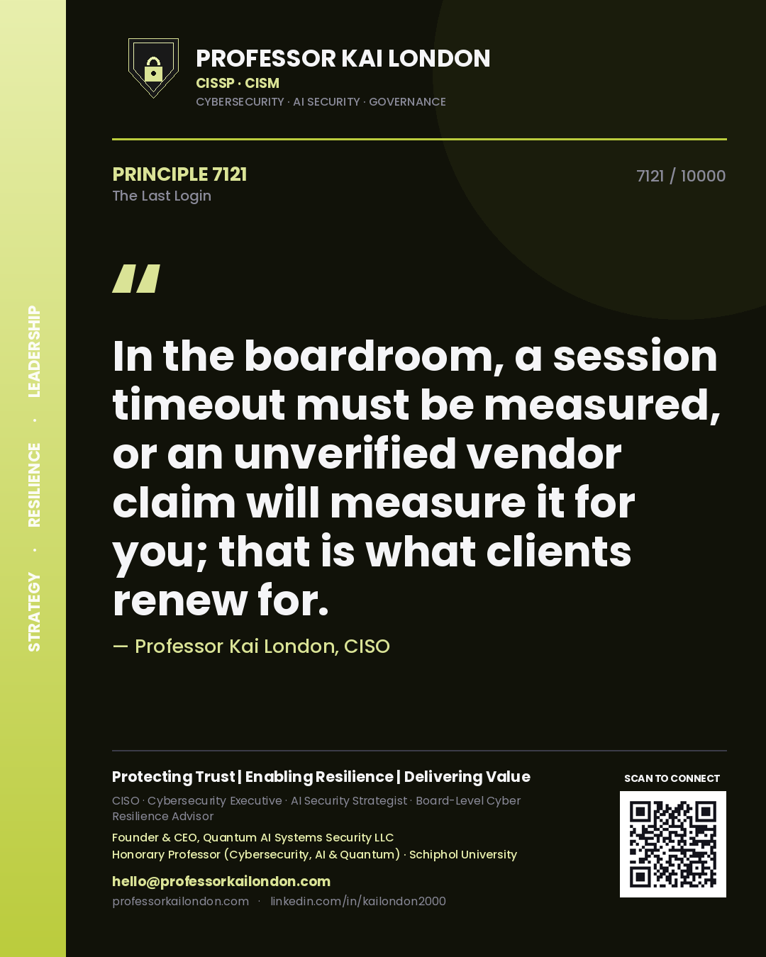Professor Kai London principle 7121: In the boardroom, a session timeout must be measured, or an unverified vendor claim will measure it for you; that is what clients renew for.