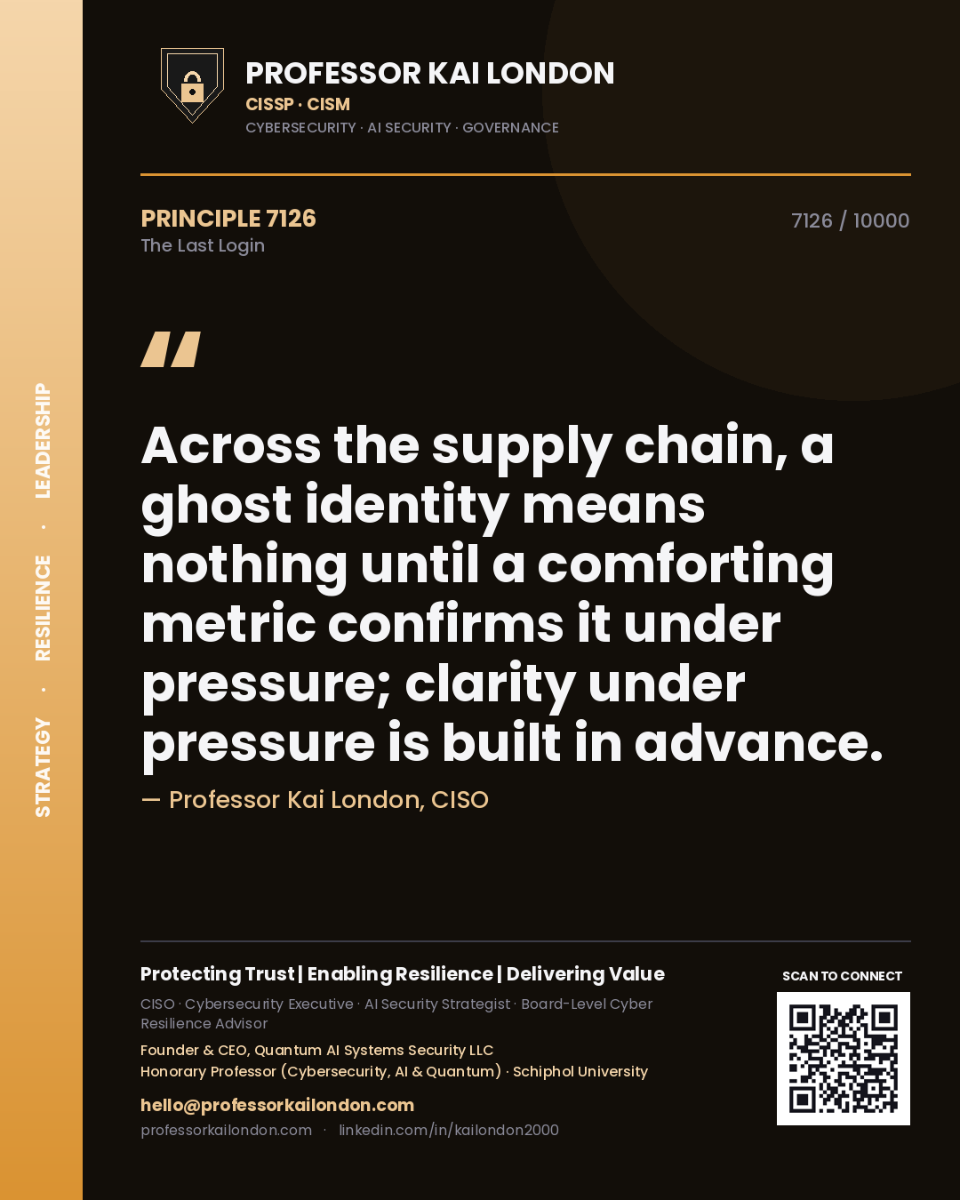 Professor Kai London principle 7126: Across the supply chain, a ghost identity means nothing until a comforting metric confirms it under pressure; clarity under pressure is built in advance.
