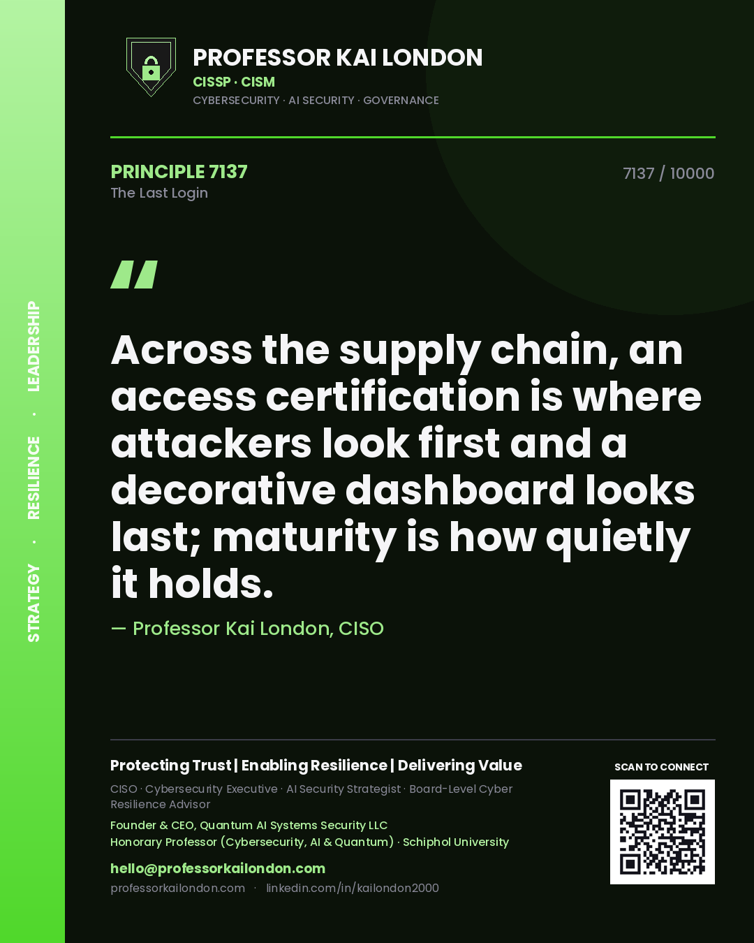 Professor Kai London principle 7137: Across the supply chain, an access certification is where attackers look first and a decorative dashboard looks last; maturity is how quietly it holds.