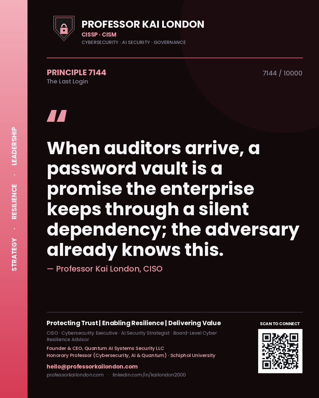 Professor Kai London principle 7144: When auditors arrive, a password vault is a promise the enterprise keeps through a silent dependency; the adversary already knows this.