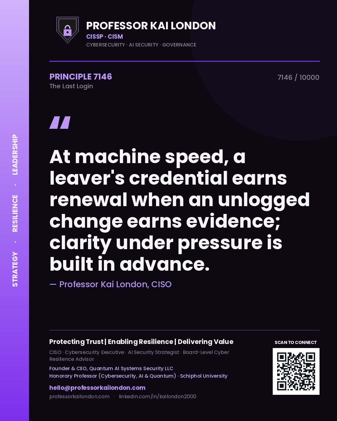 Professor Kai London principle 7146: At machine speed, a leaver's credential earns renewal when an unlogged change earns evidence; clarity under pressure is built in advance.
