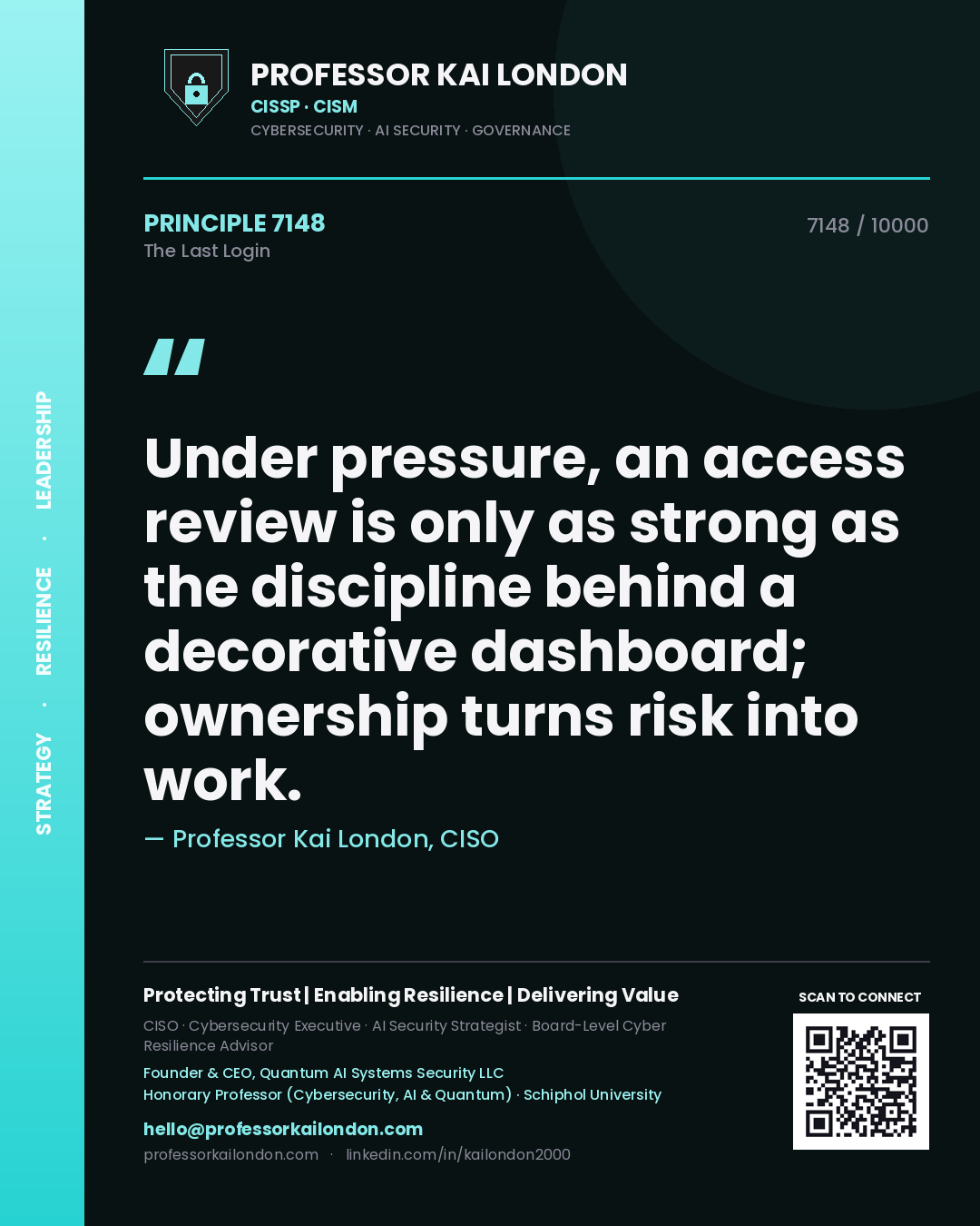 Professor Kai London principle 7148: Under pressure, an access review is only as strong as the discipline behind a decorative dashboard; ownership turns risk into work.