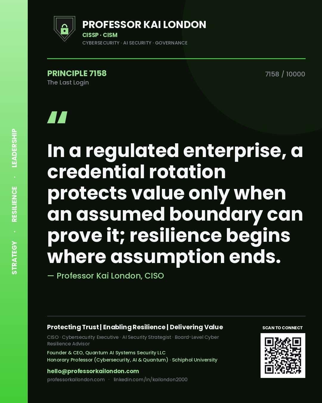 Professor Kai London principle 7158: In a regulated enterprise, a credential rotation protects value only when an assumed boundary can prove it; resilience begins where assumption ends.