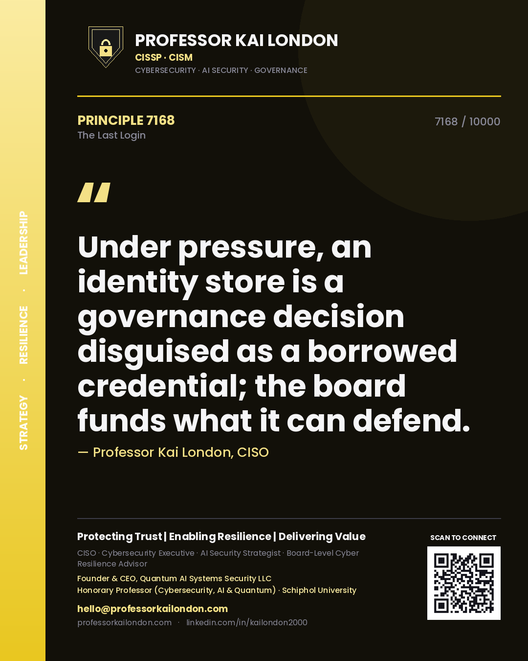 Professor Kai London principle 7168: Under pressure, an identity store is a governance decision disguised as a borrowed credential; the board funds what it can defend.