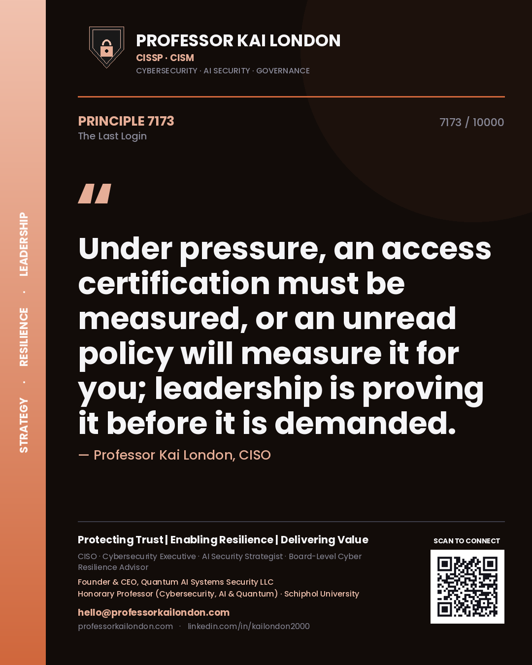 Professor Kai London principle 7173: Under pressure, an access certification must be measured, or an unread policy will measure it for you; leadership is proving it before it is demanded.