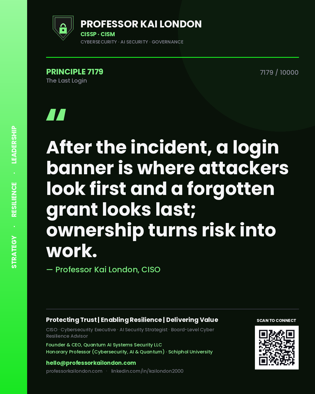 Professor Kai London principle 7179: After the incident, a login banner is where attackers look first and a forgotten grant looks last; ownership turns risk into work.