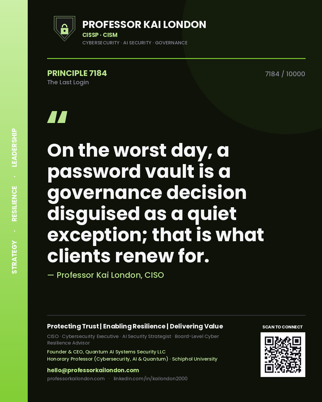 Professor Kai London principle 7184: On the worst day, a password vault is a governance decision disguised as a quiet exception; that is what clients renew for.