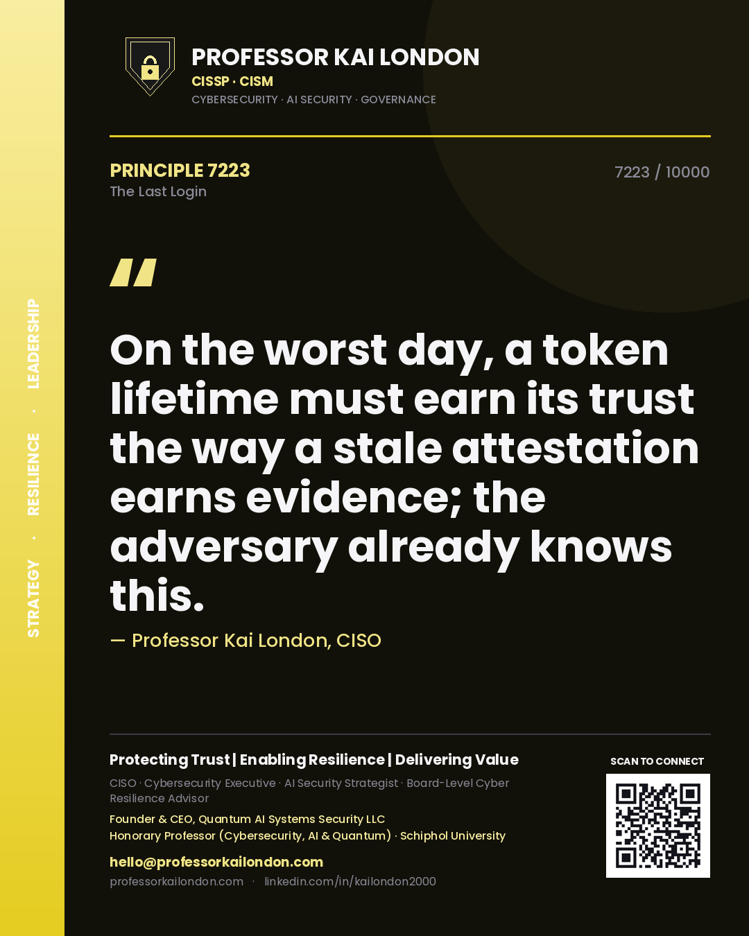 Professor Kai London principle 7223: On the worst day, a token lifetime must earn its trust the way a stale attestation earns evidence; the adversary already knows this.