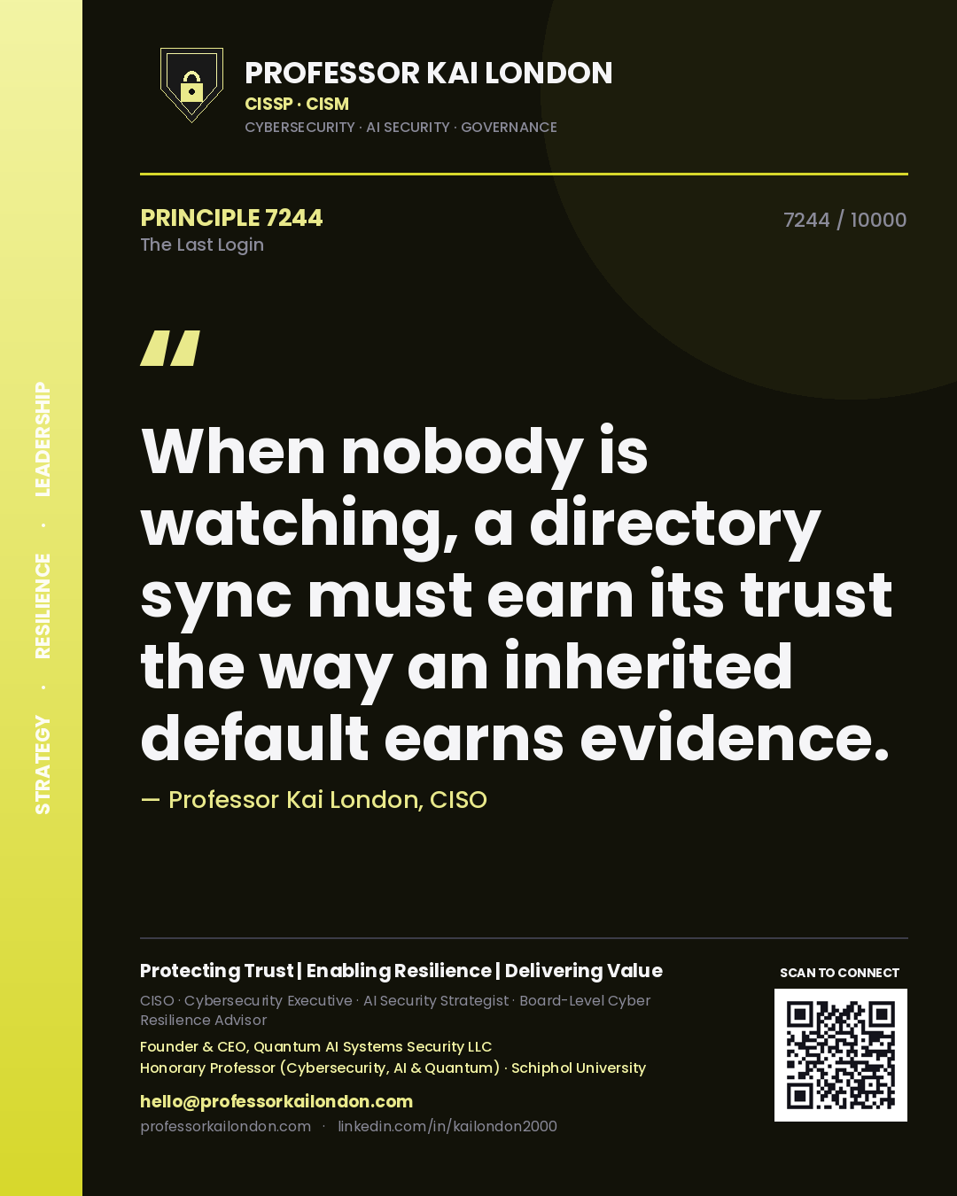 Professor Kai London principle 7244: When nobody is watching, a directory sync must earn its trust the way an inherited default earns evidence.