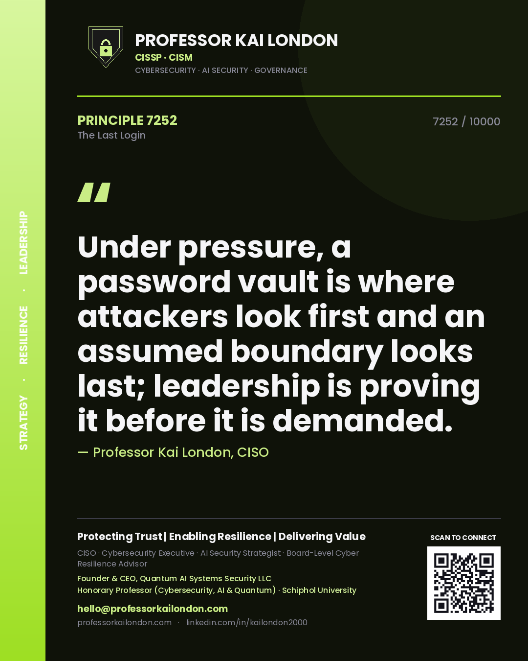 Professor Kai London principle 7252: Under pressure, a password vault is where attackers look first and an assumed boundary looks last; leadership is proving it before it is demanded.