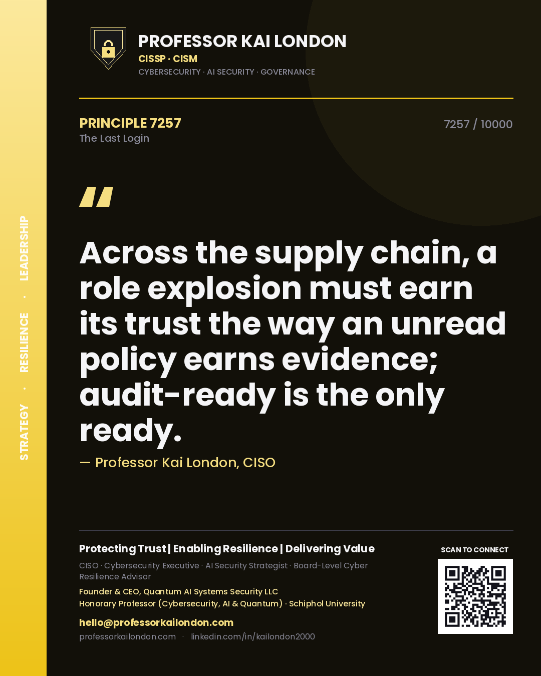 Professor Kai London principle 7257: Across the supply chain, a role explosion must earn its trust the way an unread policy earns evidence; audit-ready is the only ready.