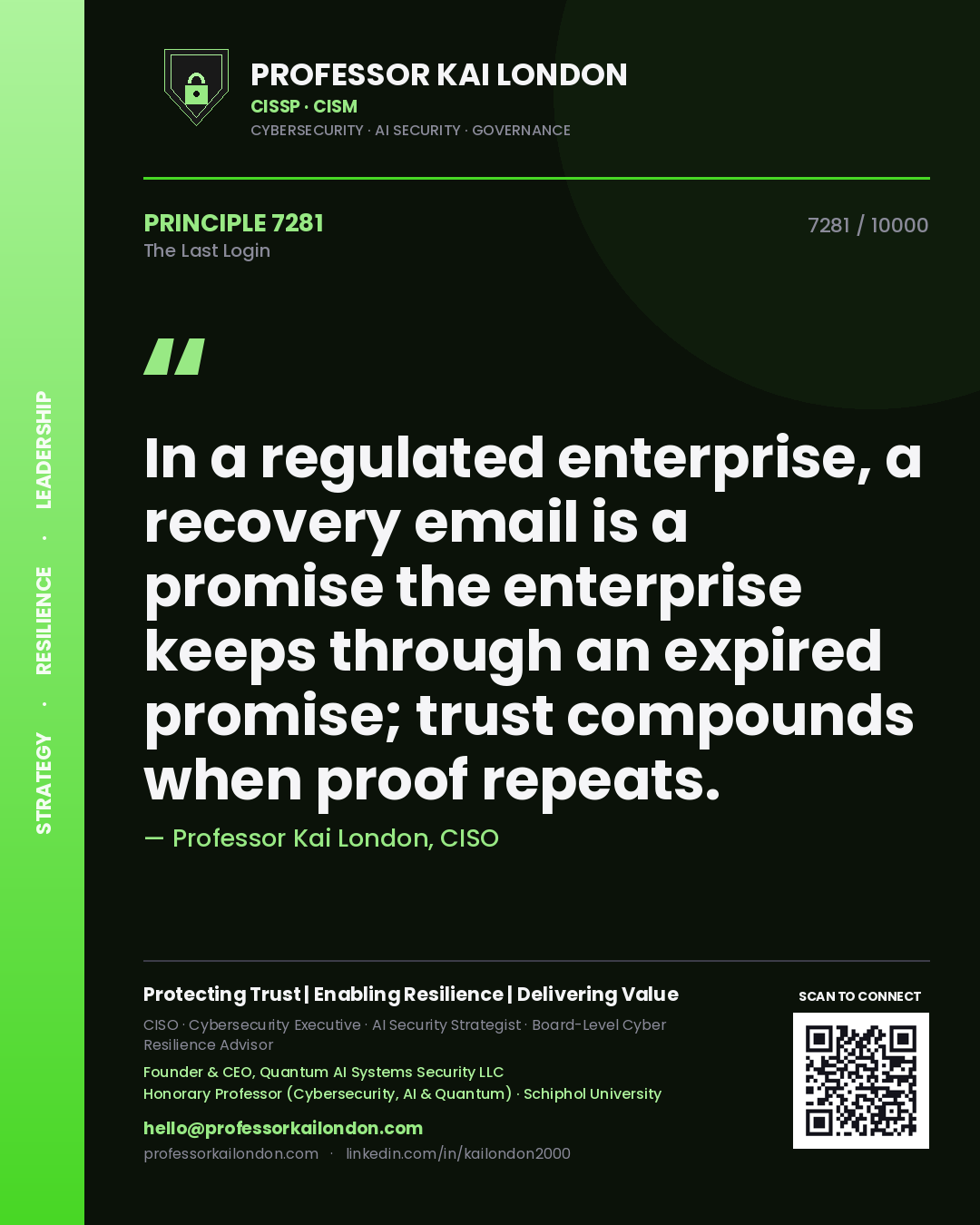 Professor Kai London principle 7281: In a regulated enterprise, a recovery email is a promise the enterprise keeps through an expired promise; trust compounds when proof repeats.