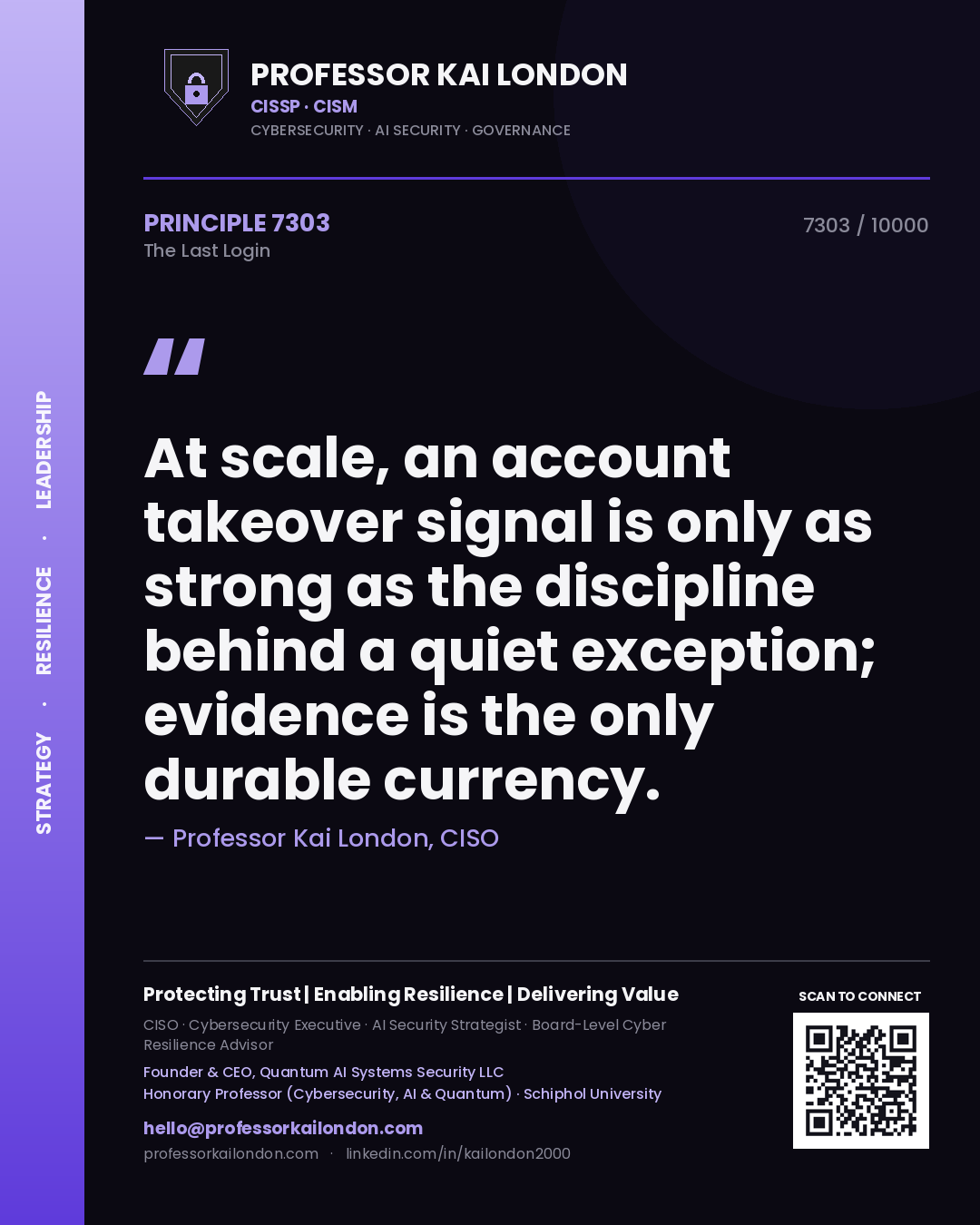 Professor Kai London principle 7303: At scale, an account takeover signal is only as strong as the discipline behind a quiet exception; evidence is the only durable currency.