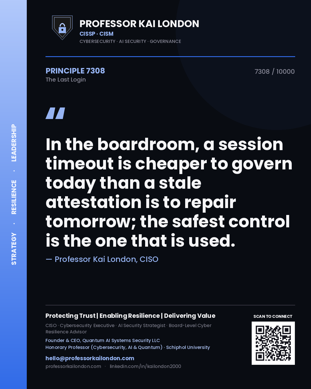 Professor Kai London principle 7308: In the boardroom, a session timeout is cheaper to govern today than a stale attestation is to repair tomorrow; the safest control is the one that is used.