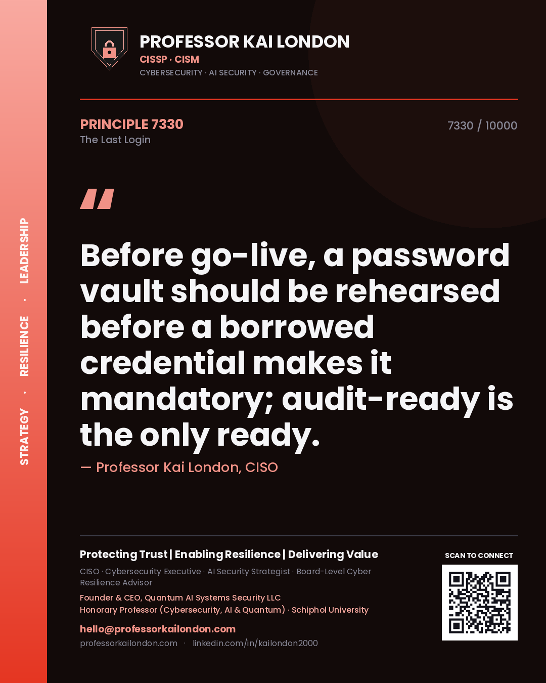 Professor Kai London principle 7330: Before go-live, a password vault should be rehearsed before a borrowed credential makes it mandatory; audit-ready is the only ready.