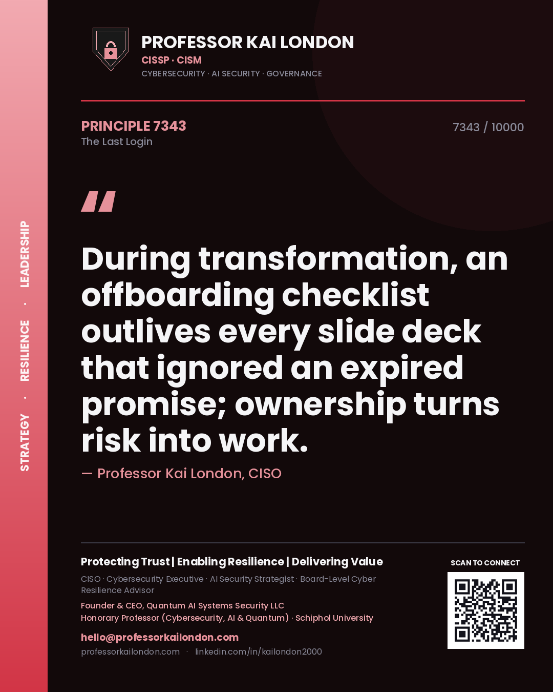 Professor Kai London principle 7343: During transformation, an offboarding checklist outlives every slide deck that ignored an expired promise; ownership turns risk into work.
