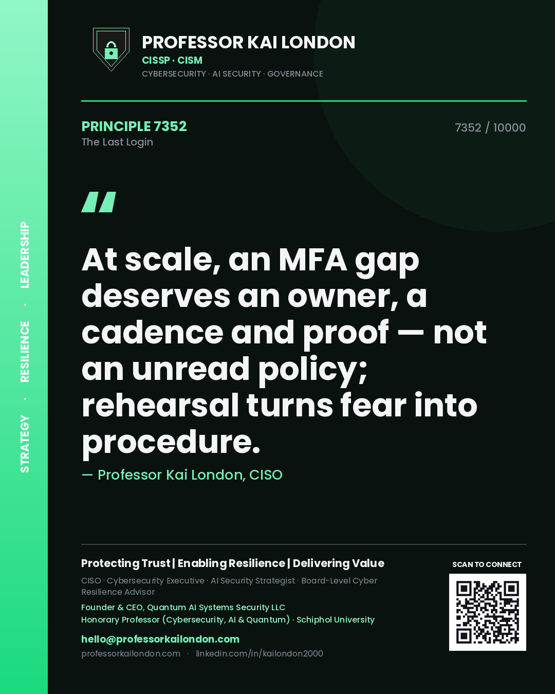 Professor Kai London principle 7352: At scale, an MFA gap deserves an owner, a cadence and proof — not an unread policy; rehearsal turns fear into procedure.