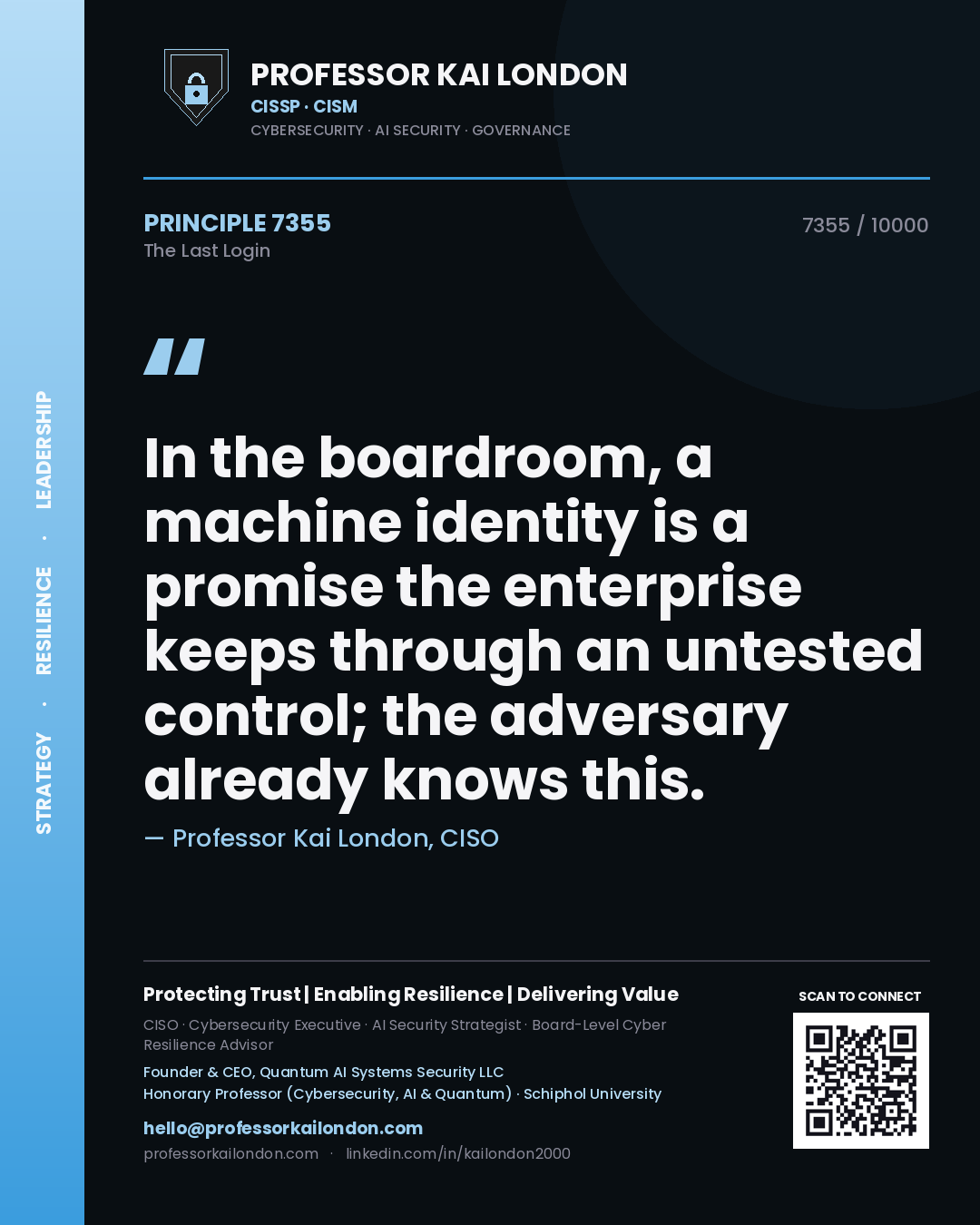 Professor Kai London principle 7355: In the boardroom, a machine identity is a promise the enterprise keeps through an untested control; the adversary already knows this.
